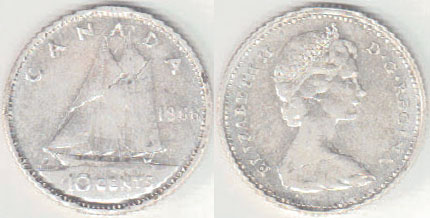 1966 Canada silver 10 Cents A003787
